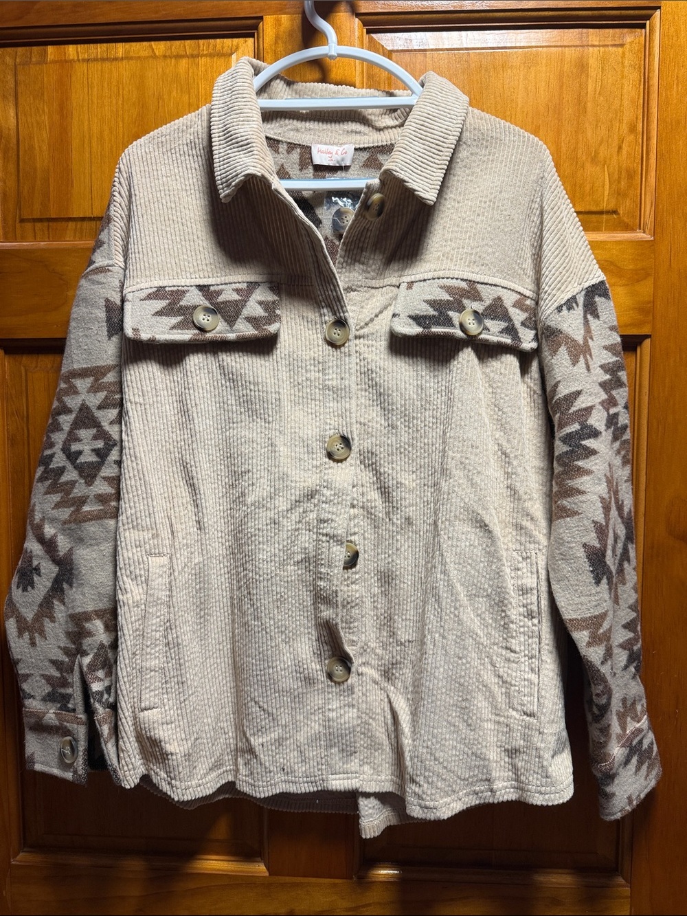 Beige Patterned Utility Shacket Jacket with Aztec Sleeve Detail